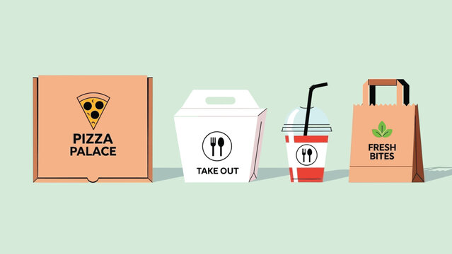 Assortment of modern takeaway and food delivery packaging options, showcasing various containers for convenient meal services and quick meals