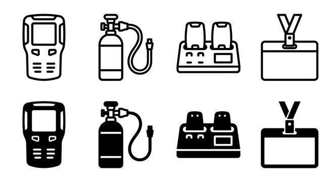 Card reader, fire extinguisher, charging station, id badge icon set