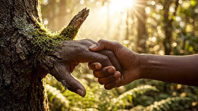 Connection with Nature A human hand clasps the moss covered bark of an ancient tree symbolizing a deep bond and harmonious relationship between humanity and the natural world bathed in the soft