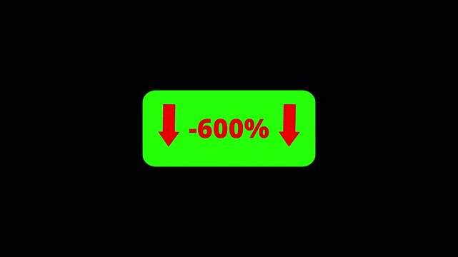 600 Percent Business Loss Counter Animation from 0 to -600 with Down Arrow Indicator in 4K, Negative Growth, Financial Decline, Revenue Drop and Market Performance Motion Graphic, -600% on Transparent