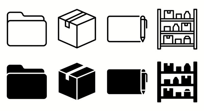 Collection of minimalist office and storage icons in black and white