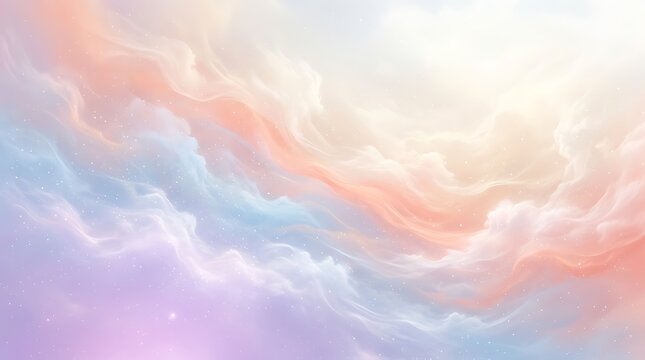 Soft pastel clouds in a dreamy sky with glowing light and glitter particles