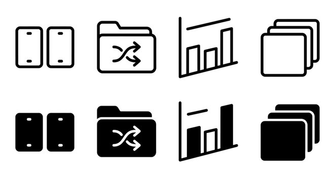 Minimalist icon set: smartphone, folder, graph, stack in black and white design