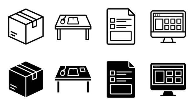Set of 8 black and white icons: box, desk, document, computer display