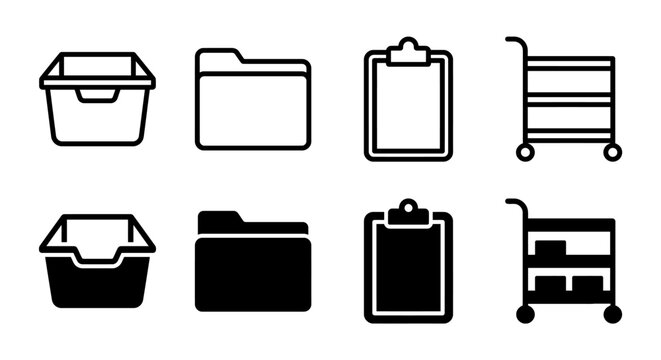 Set of office icons: box, folder, clipboard, trolley in black and white