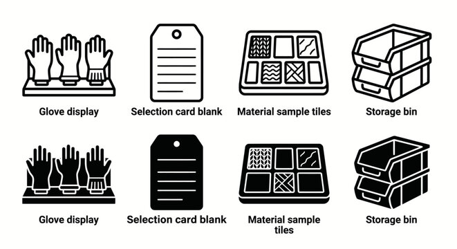 Icon set: glove display, selection card, material samples, storage bins
