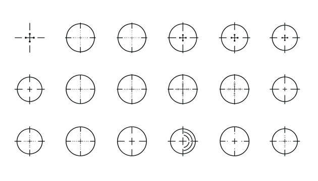 Set of eighteen different target reticle and crosshair icons with various line designs in a black and white grid.