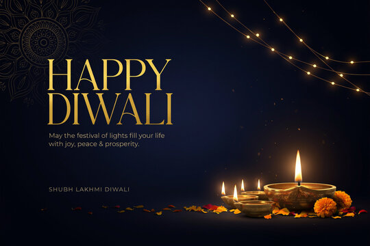 A vibrant Happy Diwali greeting card design features traditional lit oil lamps marigold flowers petals ornate string lights and auspicious religious blessings for the festive celebration