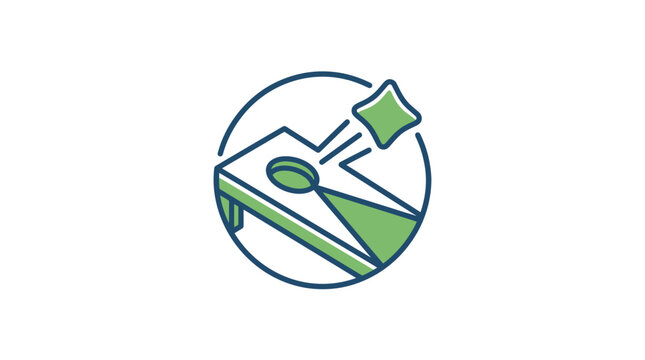 Minimalist vector illustration of a cornhole board and flying bean bag within a circular frame. Features clean line art with green and blue accents on a plain white background.