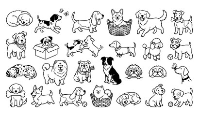 Fototapeta premium Cute Cartoon Dog Hand Drawn Outline Vector Pack with Black and White Doodle Pet Character Collection