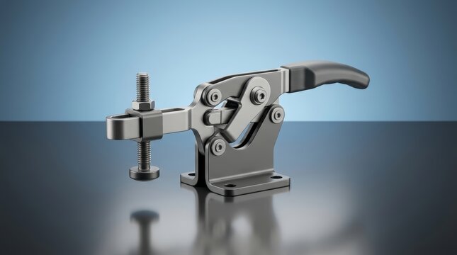 Toggle clamp 3D render quick locking holding device engineered for workpiece retention assembly and manufacturing efficiency