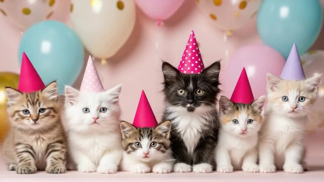 Kitten Birthday Bash: A delightful gathering of six adorable kittens, each adorned with a festive party hat, sits in a row against a backdrop of colorful balloons, celebrating a special occasion.