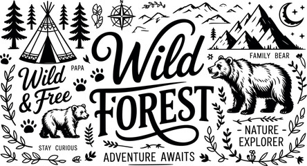 Wild forest adventure vector illustration set featuring bears, pine trees, compass, and teepee tent in vintage engraving style © Soneka