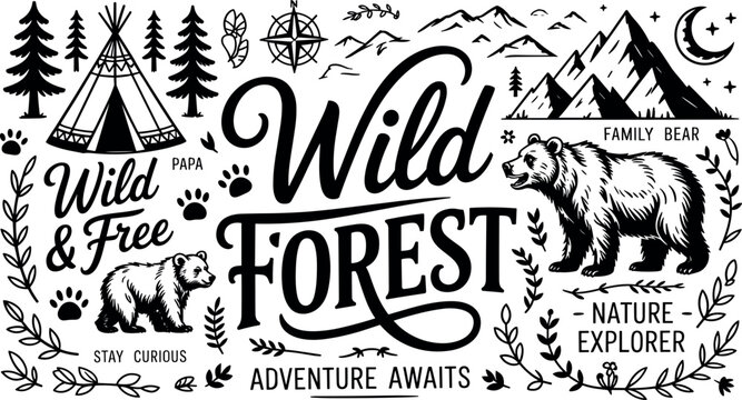 Wild forest adventure vector illustration set featuring bears, pine trees, compass, and teepee tent in vintage engraving style