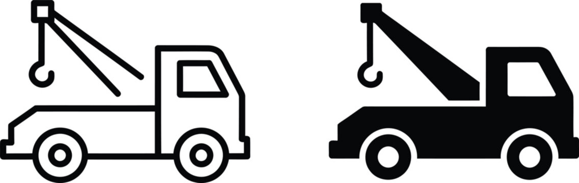 Tow truck side profile icon set in outline and solid black designs