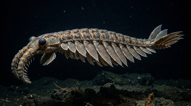 Anomalocaris canadensis a prehistoric marine arthropod with large compound eyes and segmented body swimming in dark deep ocean water for paleontology and ancient life studies