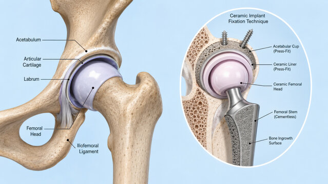 Hip joint anatomy diagram acetabulum femoral head cartilage labrum ligament with leader line, circular inset, ceramic implant, prosthesis, bone ingrowth surface, fixation technique