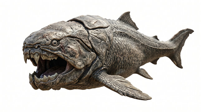 A detailed Dunkleosteus prehistoric armored fish with an open mouth and sharp teeth displays its powerful jaw structure in a dynamic pose for educational content