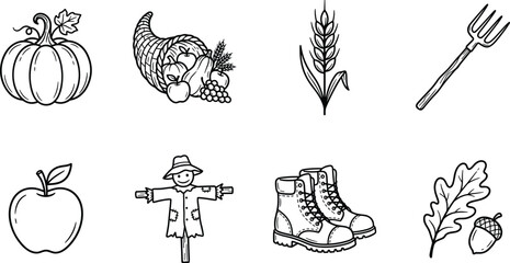 Hand drawn autumn harvest icons including pumpkin cornucopia wheat fork scarecrow boots oak leaf and acorn © Mdjillur