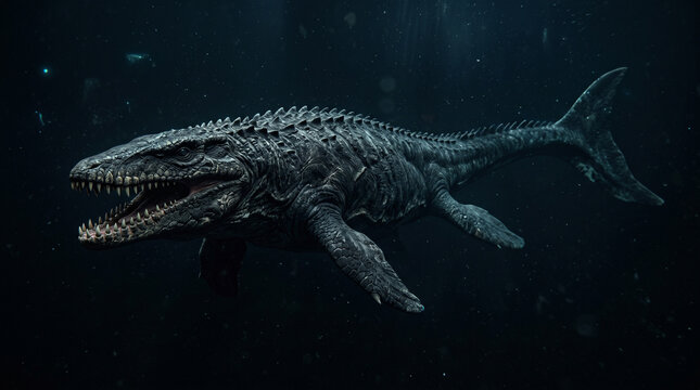 Massive prehistoric Mosasaurus marine reptile with textured scaly skin and sharp teeth swims through dark deep ocean waters for educational content