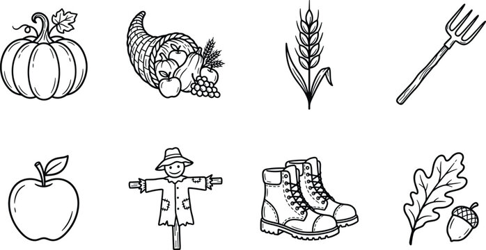 Hand drawn autumn harvest icons including pumpkin cornucopia wheat fork scarecrow boots oak leaf and acorn