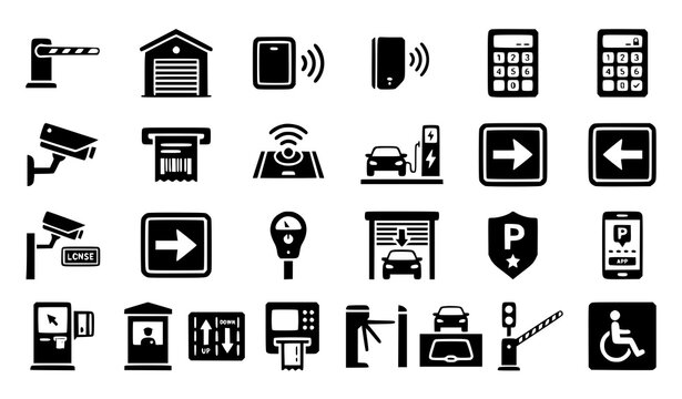 Premium car parking access icon vector set featuring automatic gates secure garage systems CCTV and smart parking control symbols isolated on white background