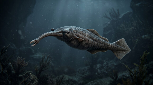 A detailed depiction of the ancient aquatic creature Doryaspis with its elongated snout and textured body swimming through a dark underwater environment with scattered debris and faint light for