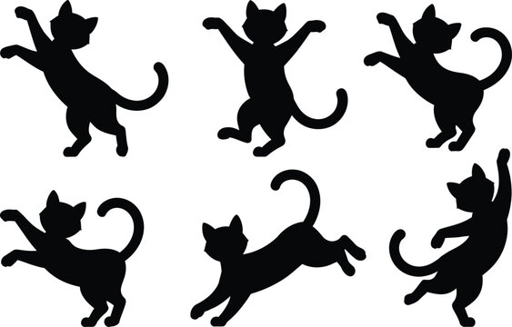 Collection of playful cat silhouettes in various jumping and dancing poses