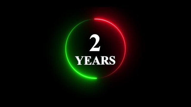 2 years anniversary neon circle motion glowing red and green countdown timer overlay for celebration and event promotion