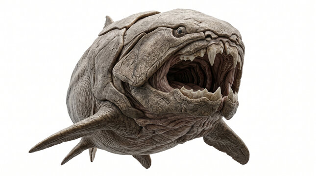 Dunkleosteus terrelli prehistoric fish with bony armor and sharp teeth displaying its powerful jaws in a fearsome pose for educational content