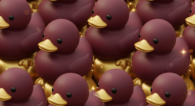 Cluster of Brown Rubber Ducks with Gold Foil Background.