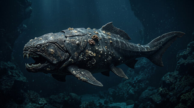 A prehistoric Dunkleosteus fish with armored scales and sharp teeth swims through dark deep ocean waters among coral formations for a natural history or marine biology concept