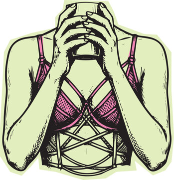 Funky grunge illustration of woman wearing strappy lingerie corset holding cup with lingerie scrapbook ornament undergarment illustration alternative aesthetic creative monochrome