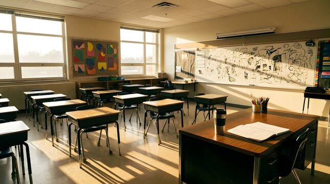 Empty elementary school classroom with rows of desks and morning window light, back to school education concept