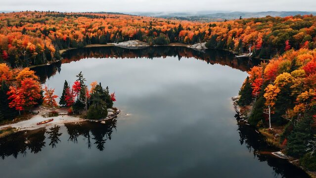 Aerial view of a serene lake surrounded by vibrant autumn foliage and evergreens.