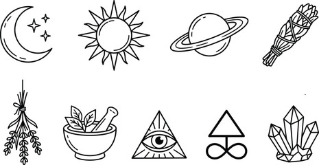 Mystic symbols and celestial bodies in a clean line drawing style for spiritual and cosmic concepts © Mdjillur