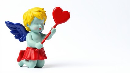 Obraz premium Cupid's Embrace: A charming figurine of a cupid, complete with golden hair and blue wings, kneels holding a heart-shaped lollipop, symbolizing love and affection.