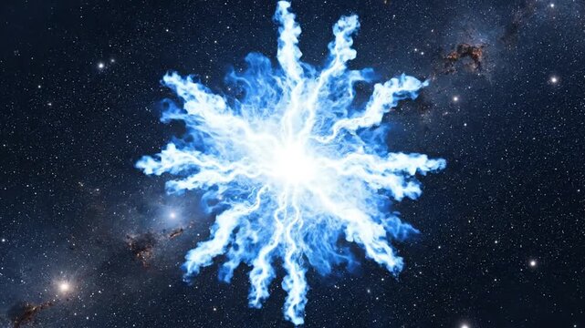 A bright blue supernova explodes in a starry night sky with galaxies.