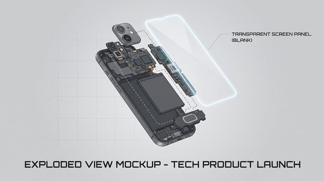 Exploded view of smartphone showcasing internal components and screen panel.