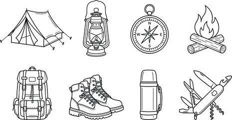 Outdoor adventure gear collection including tent lantern compass campfire backpack boots thermos and multi-tool against white © Mdjillur