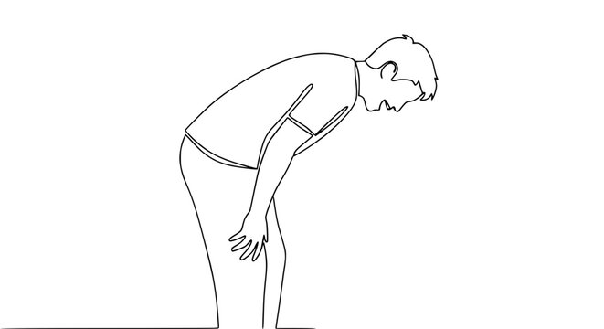 Man bending over, single line drawing art, minimalist style, on white background