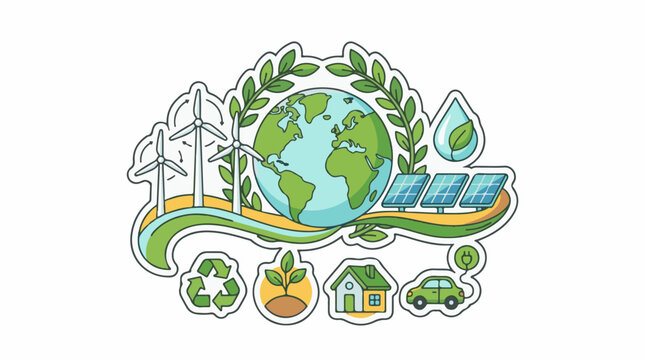 Earth surrounded by renewable energy icons and green elements