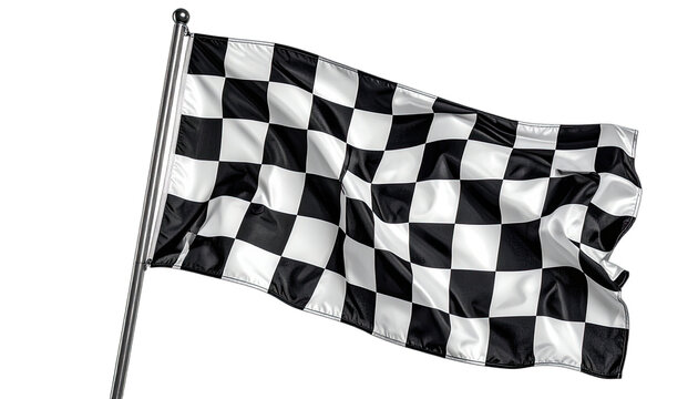 A checkered flag waves against a black background.