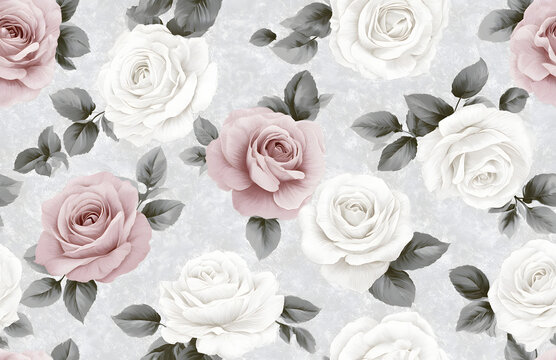 A timeless floral wallpaper pattern showcasing white and dusty pink roses on a grey leaf backdrop, against a textured light grey base.