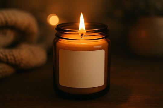 Burning scented candle in amber glass jar with blank white label mockup in cozy dark setting