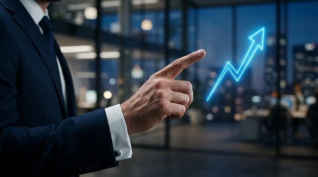 Businessman pointing at glowing blue arrow graph in office suit hand finger