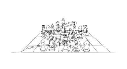 Chess Strategy Drawing with Arrows and Pieces on Board, Strategic Planning © Wachi