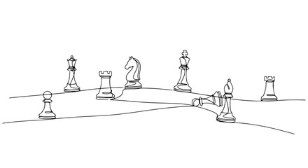 Minimalist Chess Game Line Art: Strategic Pieces on White Background © Wachi