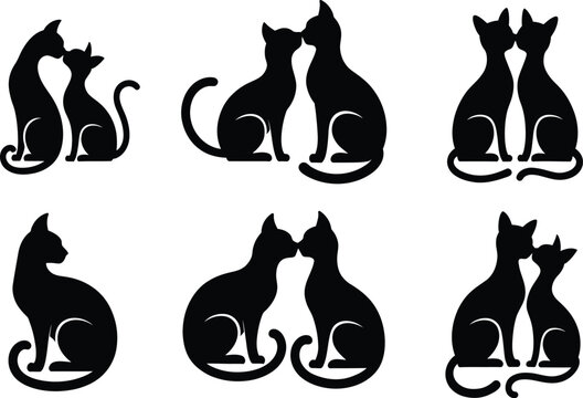 Collection of black cat silhouettes in various pairs and sitting poses