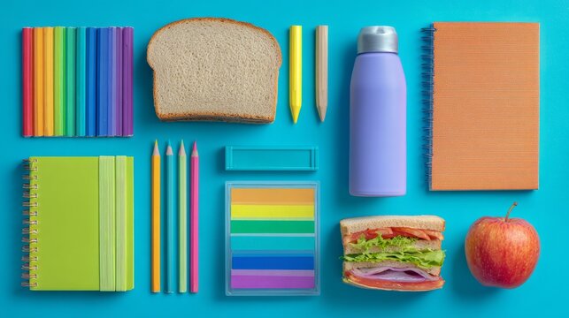 Colorful back to school essentials with stationery supplies, sandwich and reusable water bottle arranged on desk, top view of student lunch and school supplies for new academic year, education and dai